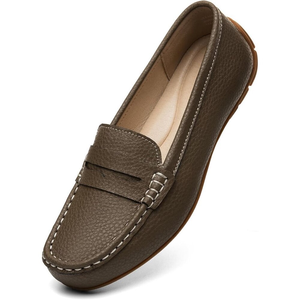 Kordal Women's Khaki Leather Comfortable & Lightweight Penny Loafers Flats